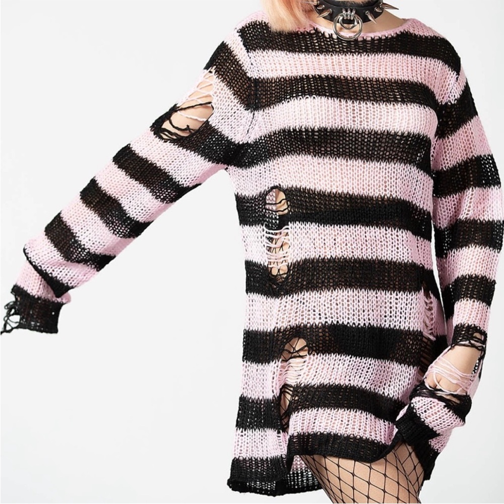 Killstar Size Large Bad Blossoms Knit Sweater Pink And Black Distressed Gothic - Picture 5 of 16